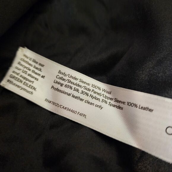 Eileen Fisher Jacket Black Leather Wool Womens Medium Silk Lined Full Zip - Picture 8 of 16